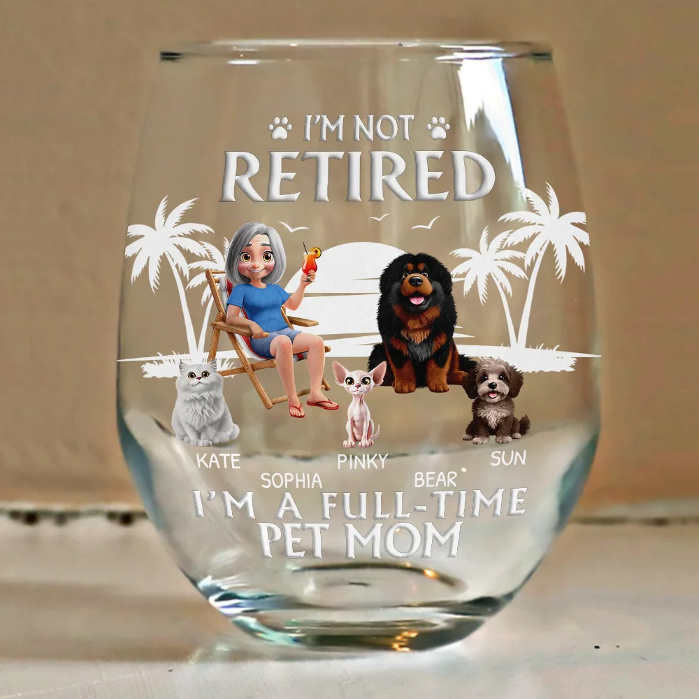 Retired Full Time Dog Cat Mom - Personalized Stemless Wine Glass - Image 4