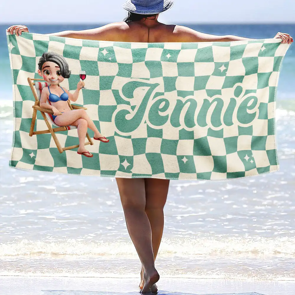 Retro Checker Just A Girl Who Loves Beach - Personalized Beach Towel - Image 2