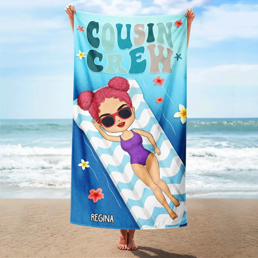Retro Cousin Crew Chibi Sister Brother - Personalized Beach Towel - Image 2