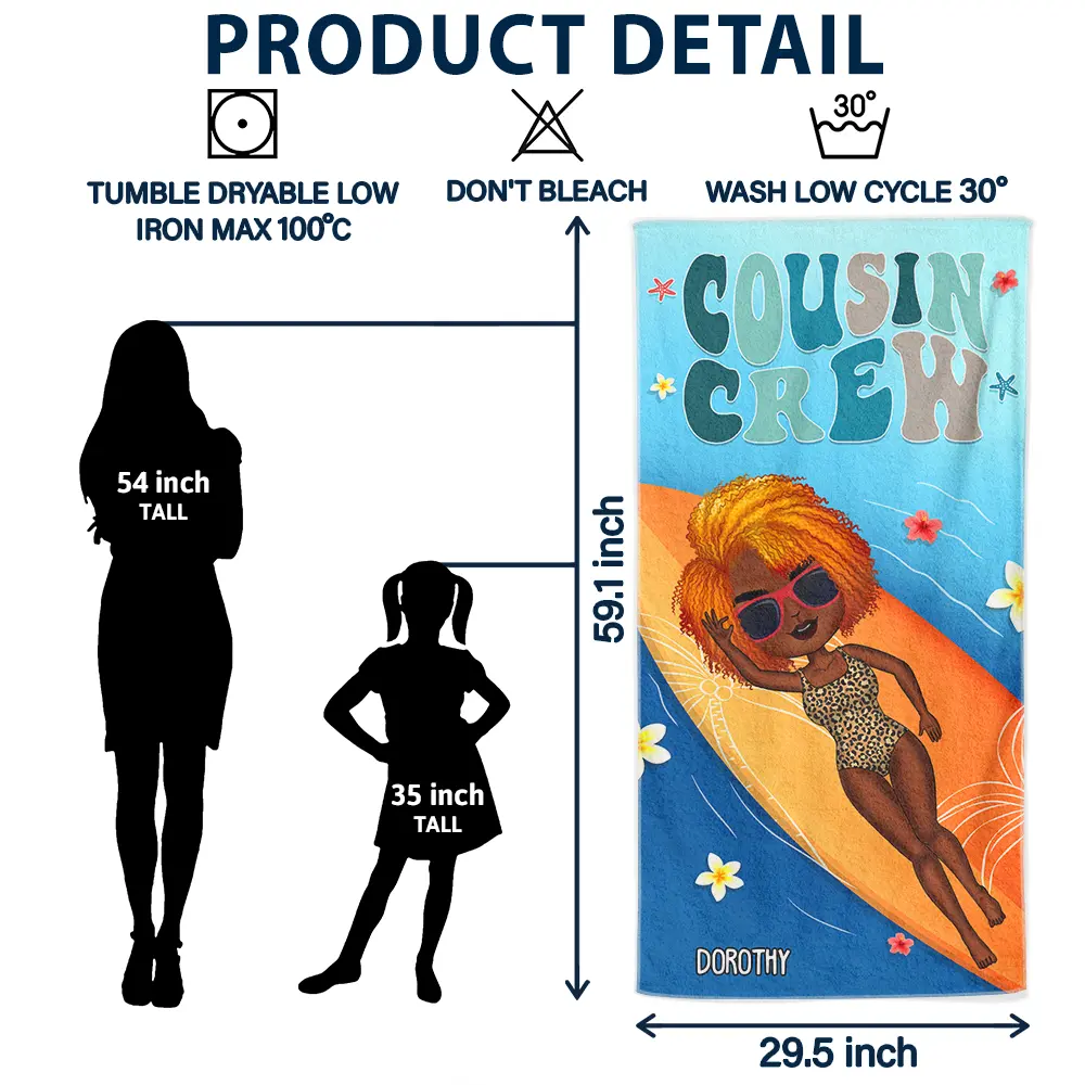 Retro Cousin Crew Chibi Sister Brother - Personalized Beach Towel - Image 6