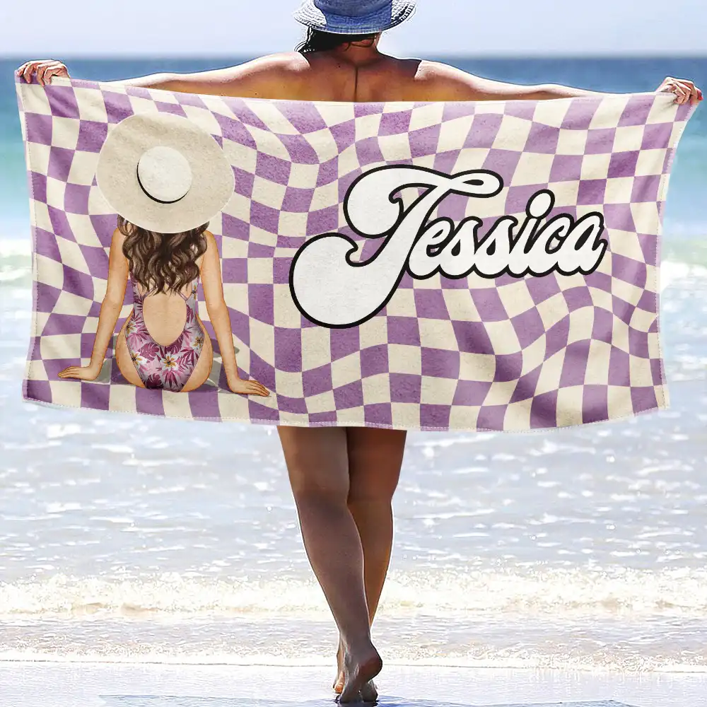 Retro Groovy Name Girl By The Beach - Personalized Beach Towel - Image 2