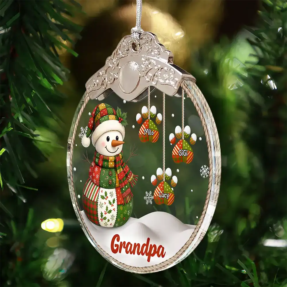Retro Patchwork Snowman - Personalized Glass Ornament With Silver Cap - Image 4