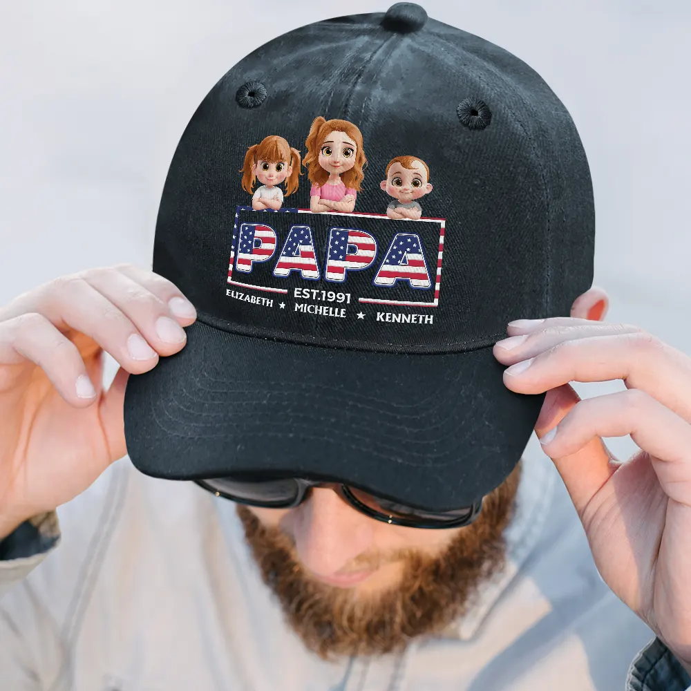 Retro Style America Dad Grandpa 3D Effect - Personalized Vintage Washed Denim Cap - Image 2