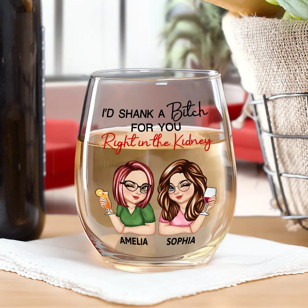 Right In The Kidney Besties Sisters - Personalized Stemless Wine Glass - Image 2
