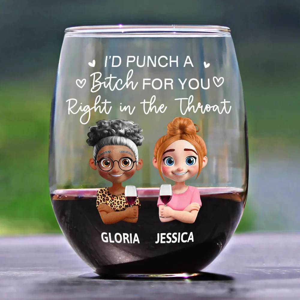 Right In The Throat Besties Sisters Cartoon - Personalized Stemless Wine Glass - Image 2
