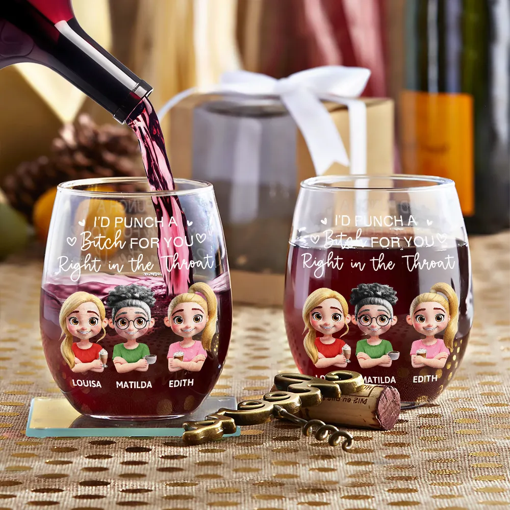 Right In The Throat Besties Sisters Cartoon - Personalized Stemless Wine Glass - Image 3