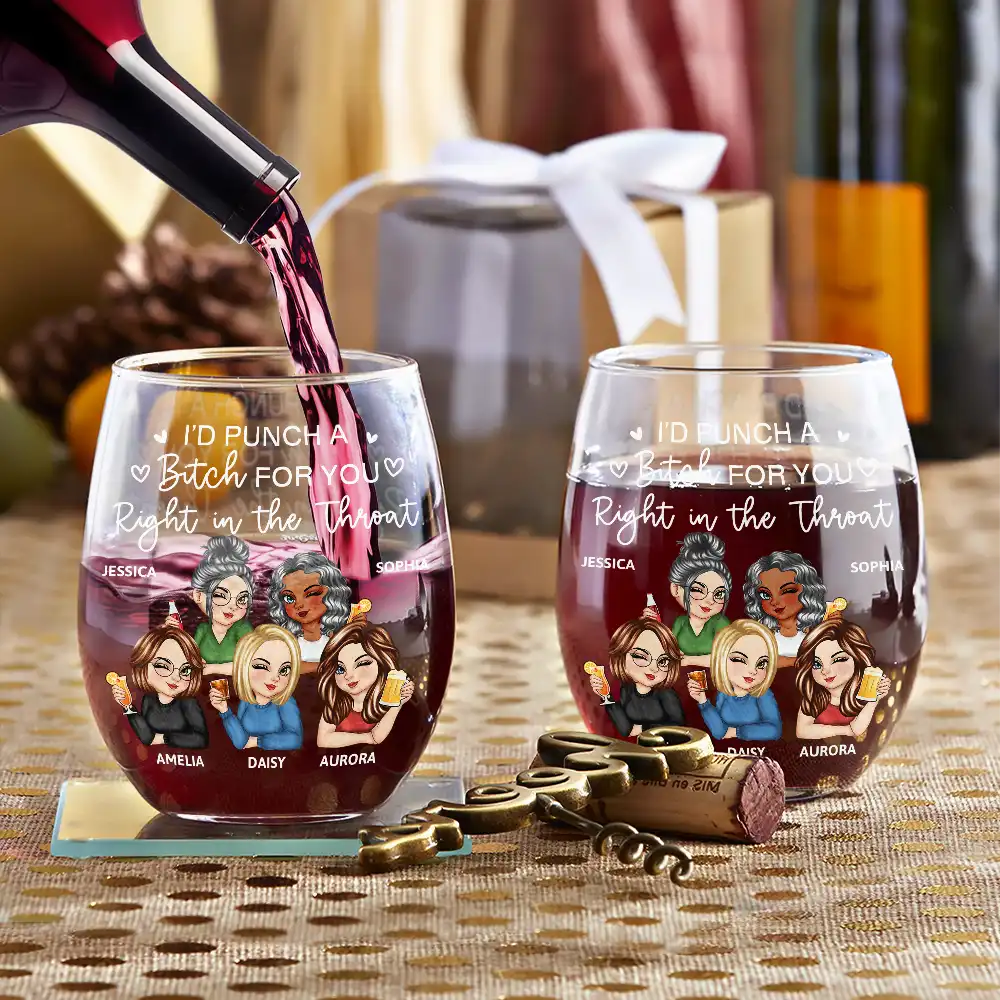 Right In The Throat Besties Sisters - Personalized Stemless Wine Glass - Image 3