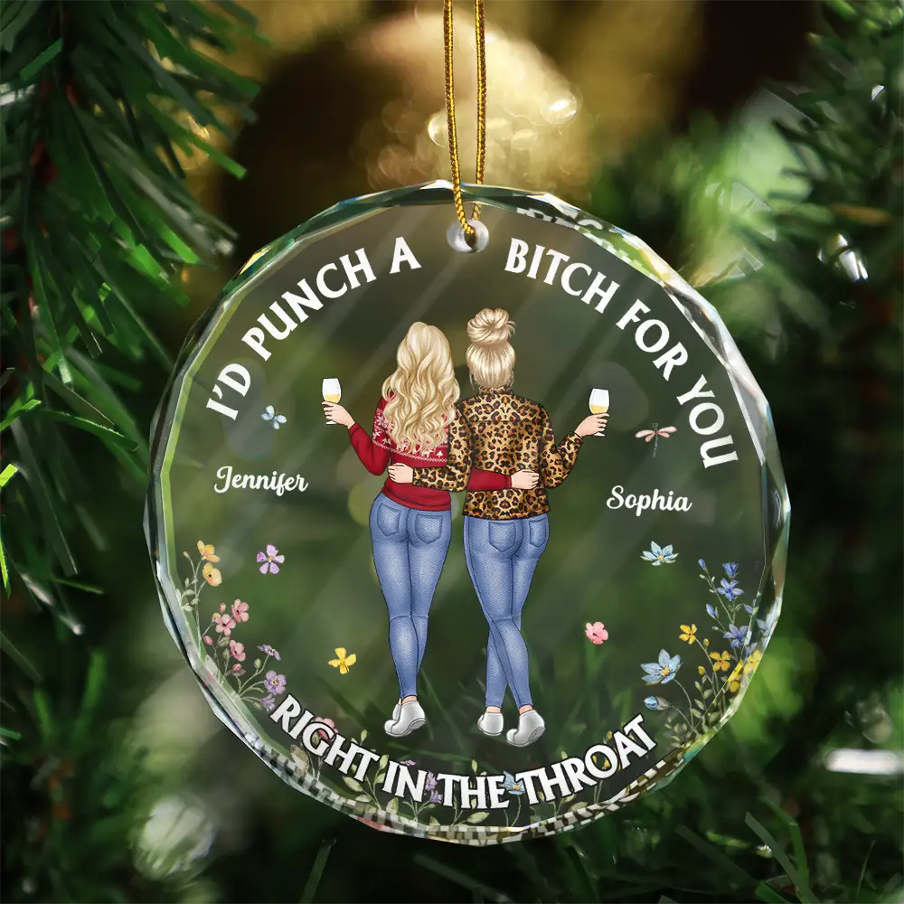 Right In The Throat Funny Besties - Personalized Circle Glass Ornament - Image 3
