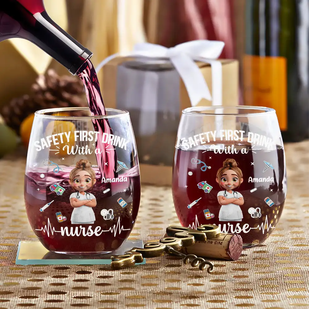 Safety First Drink With A Nurse - Personalized Stemless Wine Glass - Image 3