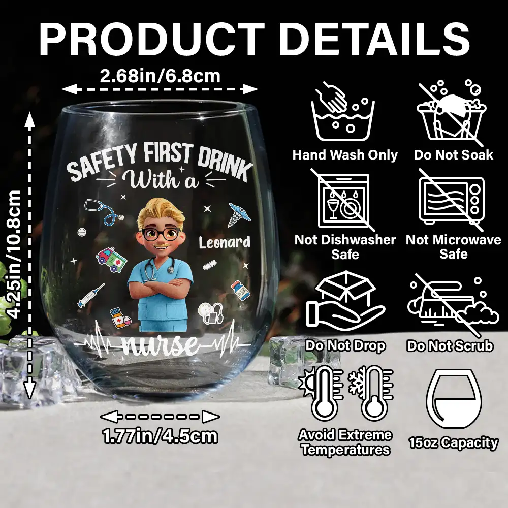 Safety First Drink With A Nurse - Personalized Stemless Wine Glass - Image 5