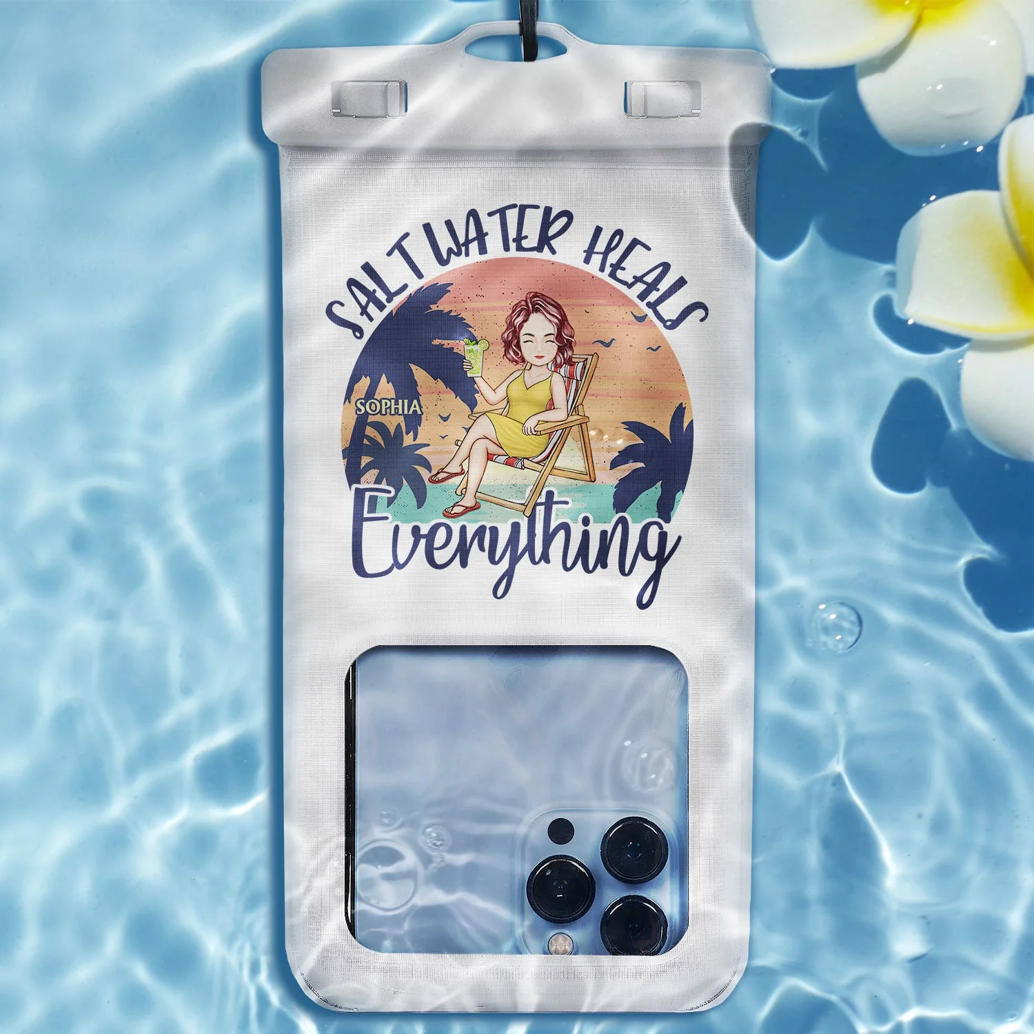 Salt Water Heals Everything Beach Cartoon - Summer Gift For Her, Him, Besties, Family - Personalized Waterproof Phone Pouch - Image 2