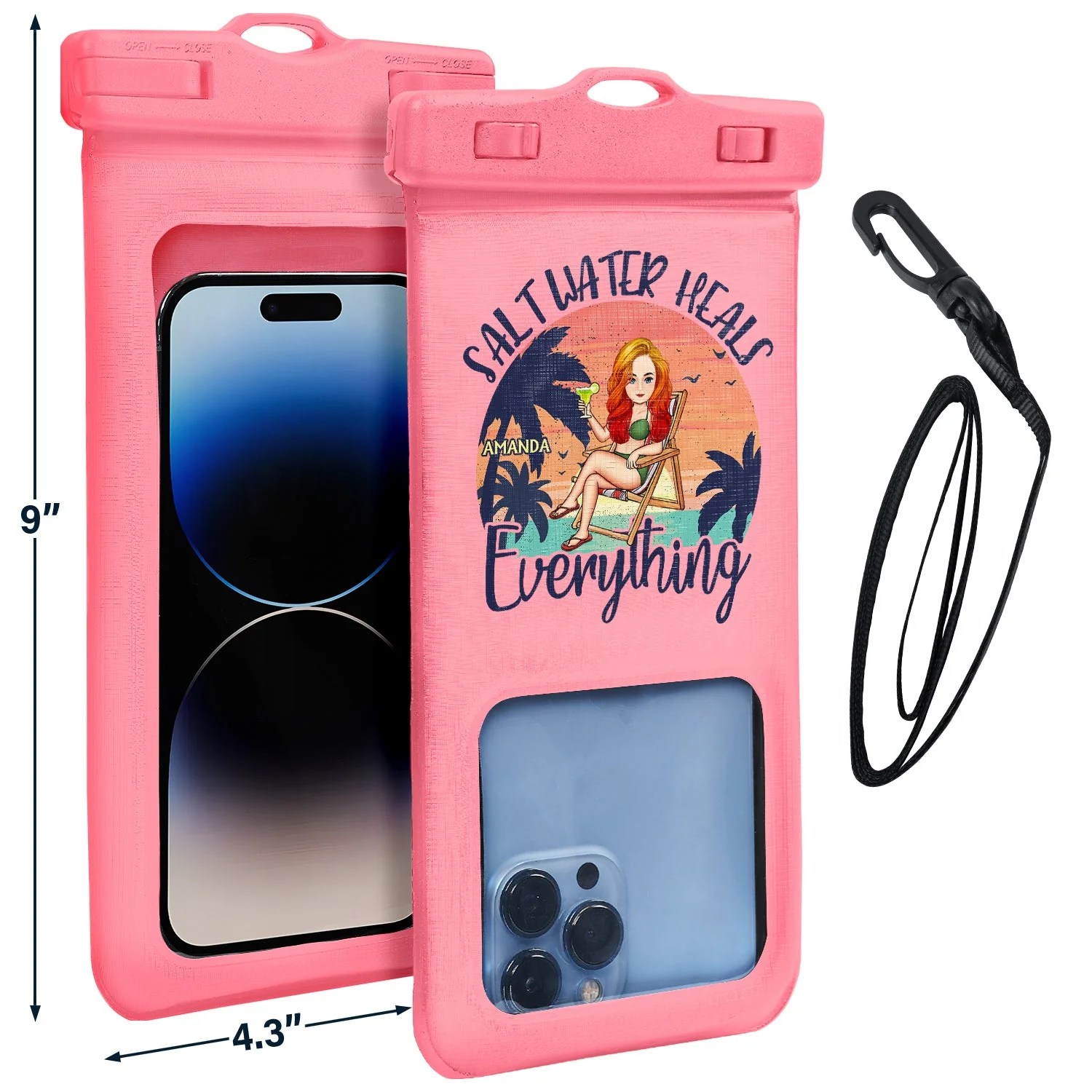 Salt Water Heals Everything Beach Cartoon - Summer Gift For Her, Him, Besties, Family - Personalized Waterproof Phone Pouch - Image 3