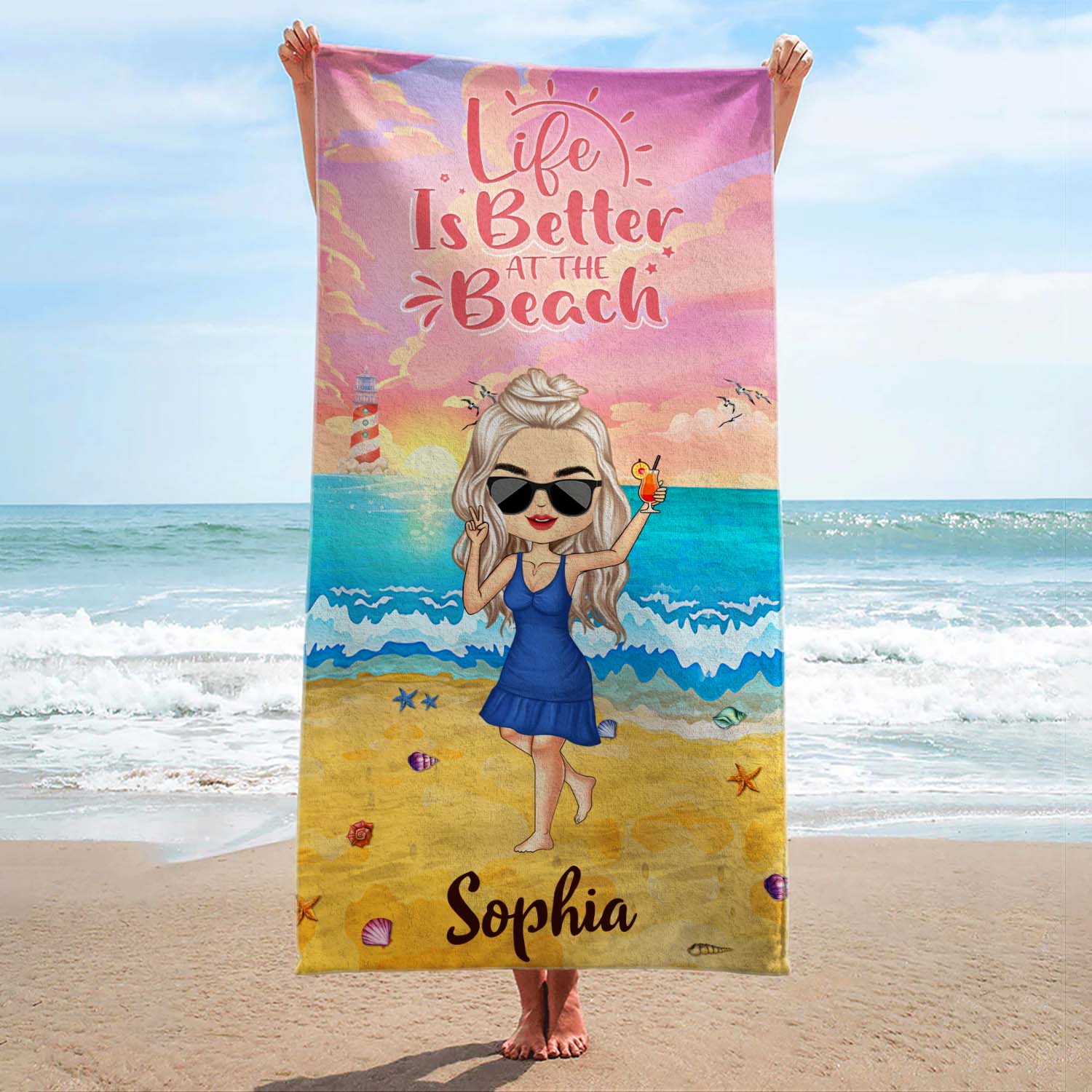 Salty Lil Beach Chibi Woman Man - Gift For Beach Lovers - Personalized Custom Beach Towel - Image 2