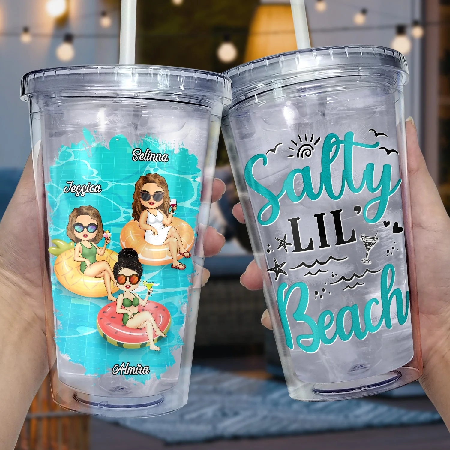 Salty Lil' Beach Tanned And Tipsy Pool Hair Don't Care - Birthday, Anniversary, Travel, Vacation Gift For Girl, Bestie, Sister - Personalized Acrylic Insulated Tumbler With Straw - Image 3