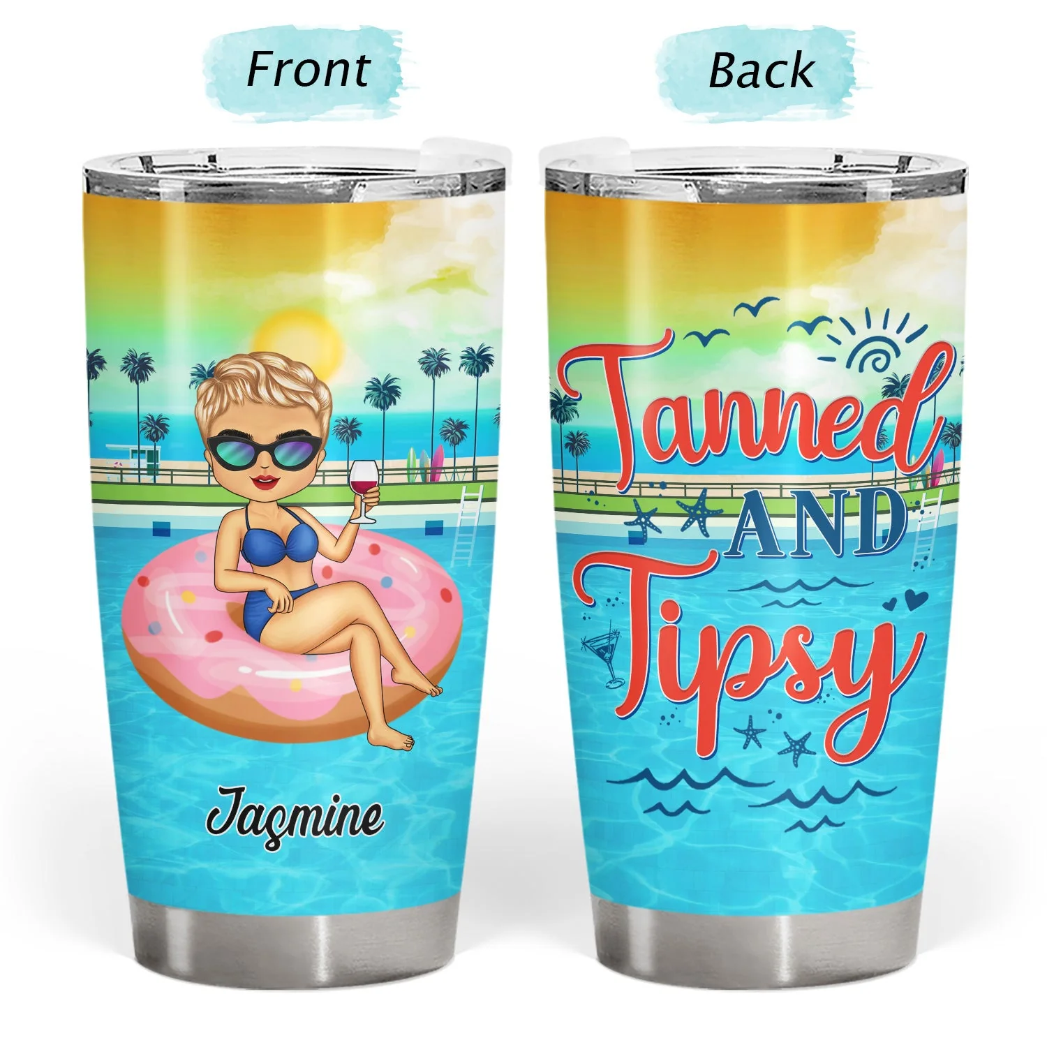 Salty Lil' Beach Tanned And Tipsy Pool Hair Don't Care - Birthday, Anniversary, Travel, Vacation Gift For Woman - Personalized Tumbler - Image 3