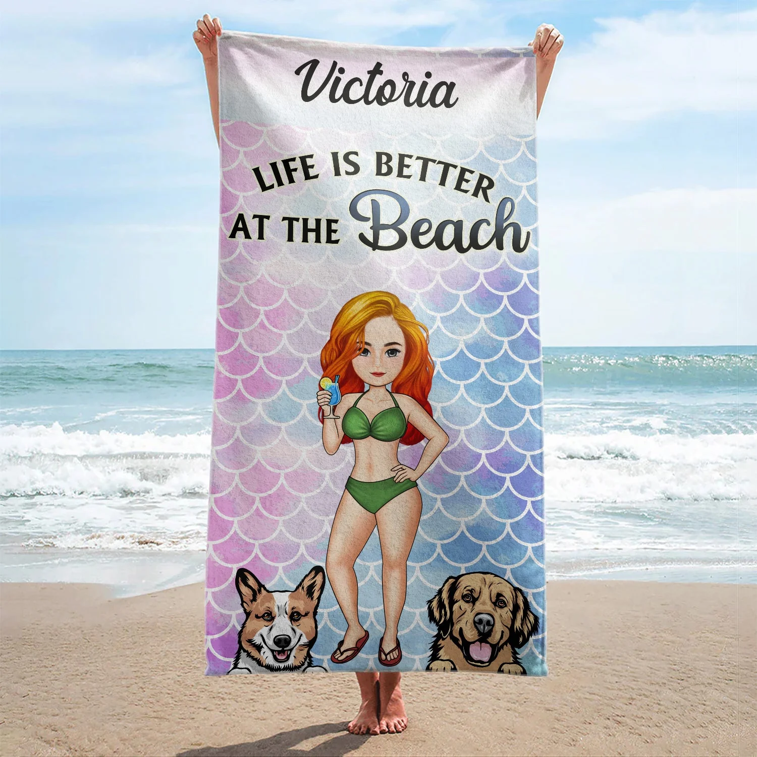 Sandy Toes And Salty Kisses Cartoon Beach Swimming Picnic Vacation Traveling - Birthday, Funny Gift For Her, Him, Dog Lovers, Cat Lovers - Personalized Custom Beach Towel - Image 2