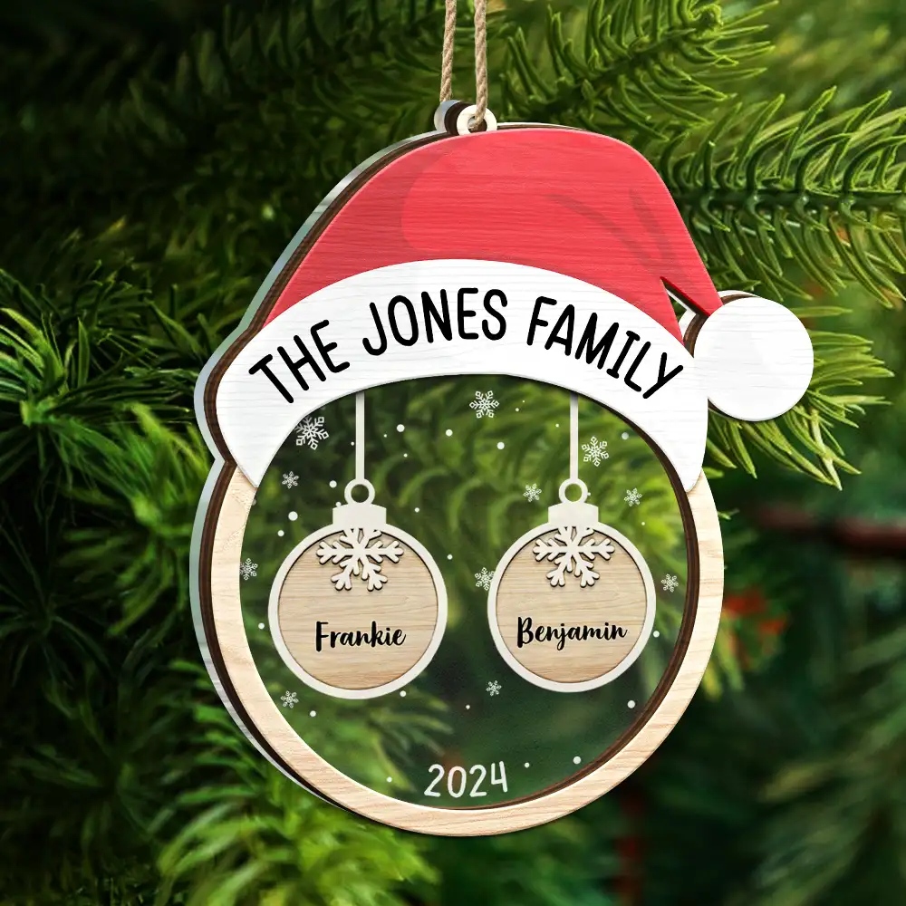 Santa Hat Family Charms Custom Names - Personalized 2-Layered Mix Ornament - Image 5