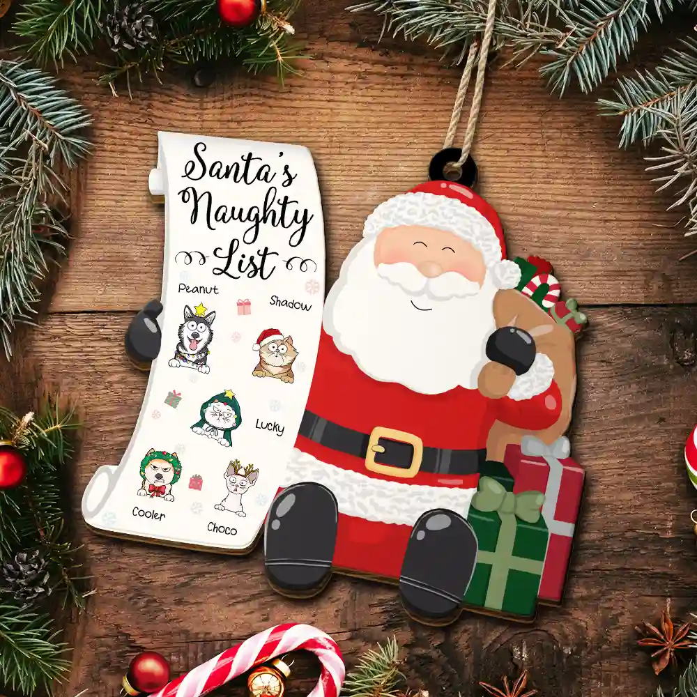 Santa's Naughty List Funny Christmas Cartoon Dogs Cats - Personalized Custom Shaped Wooden Ornament - Image 5