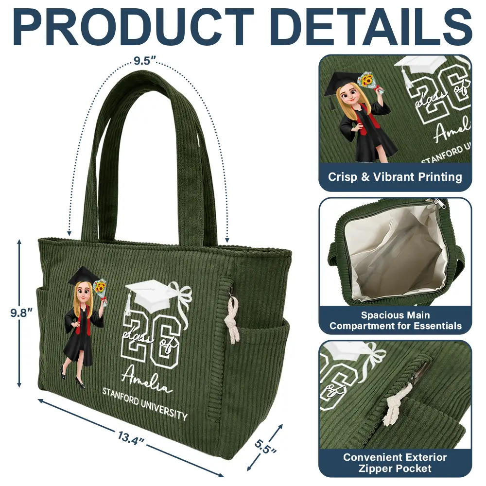 Senior Girl She Finally Did It - Personalized Corduroy Tote Bag - Image 5