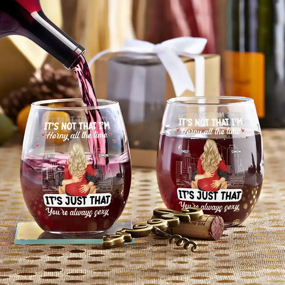 Sexy Couple Horny All The Time - Personalized Stemless Wine Glass - Image 3