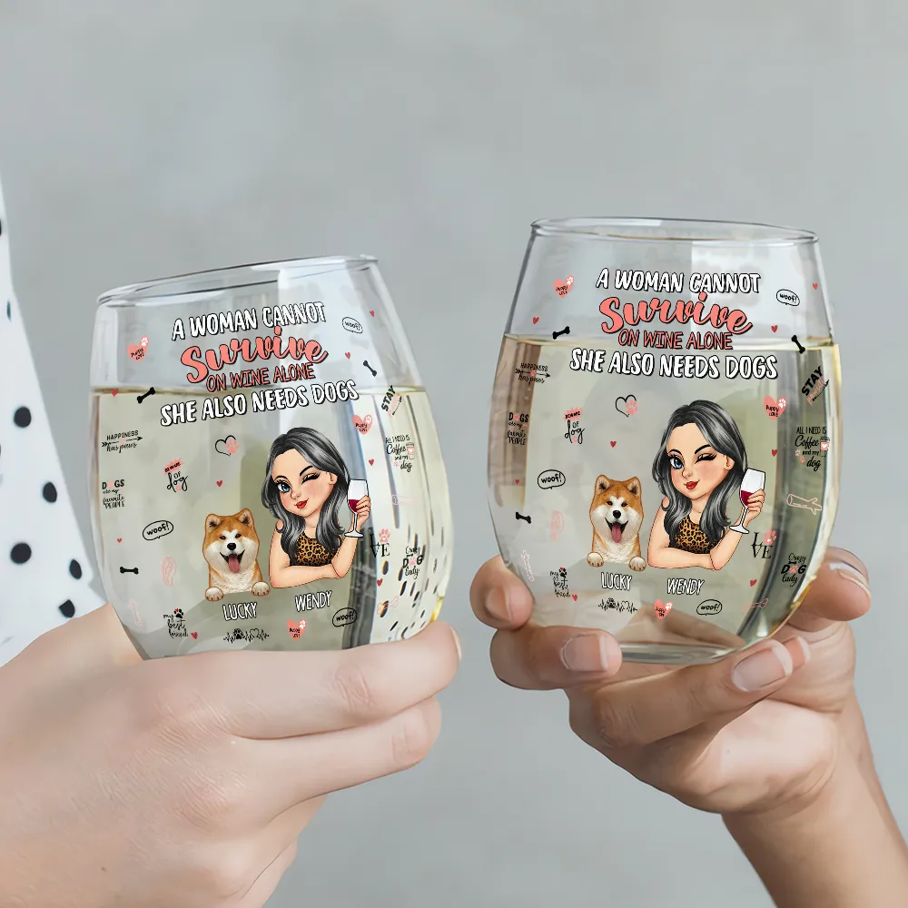 She Also Needs Dogs - Personalized Stemless Wine Glass - Image 3