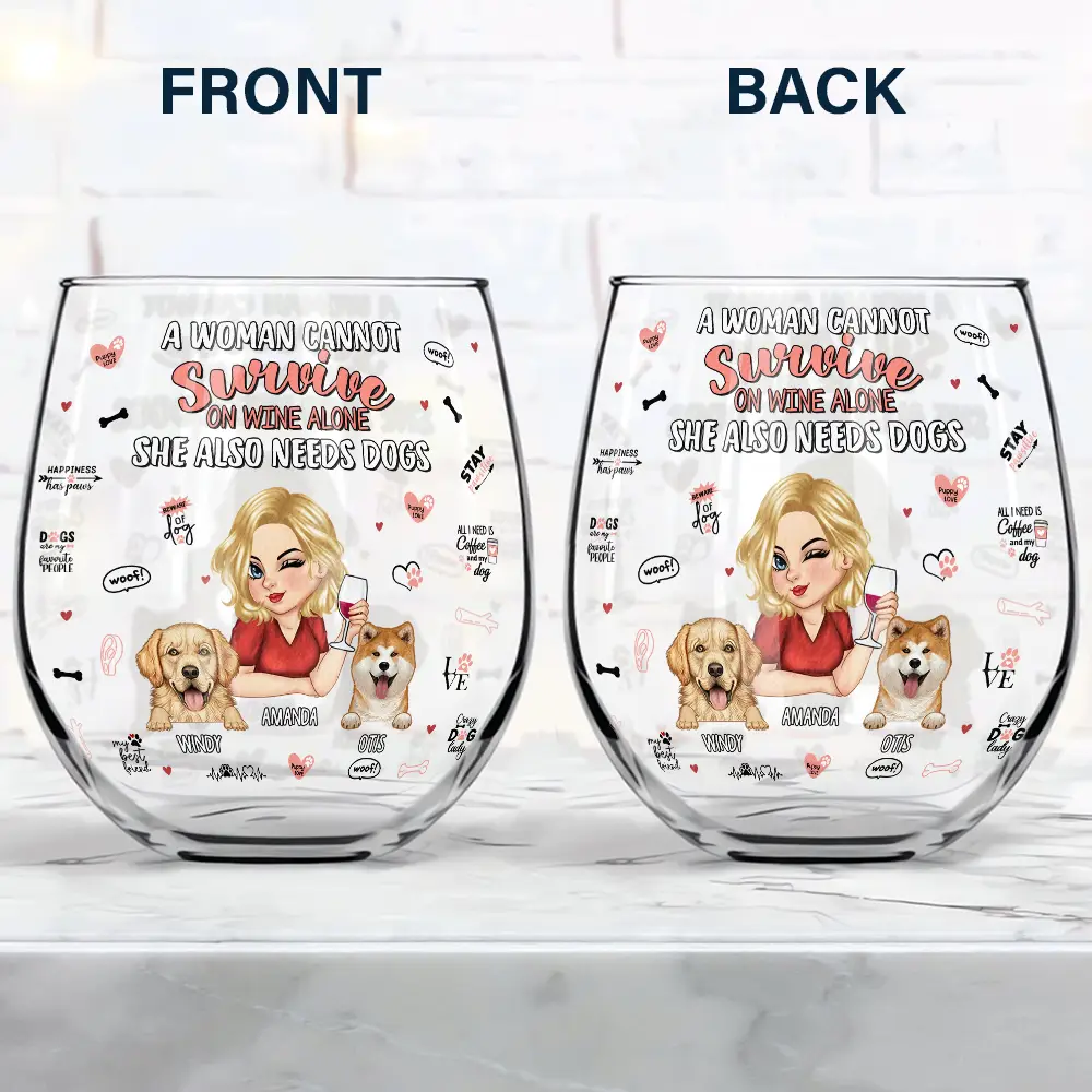 She Also Needs Dogs - Personalized Stemless Wine Glass - Image 4