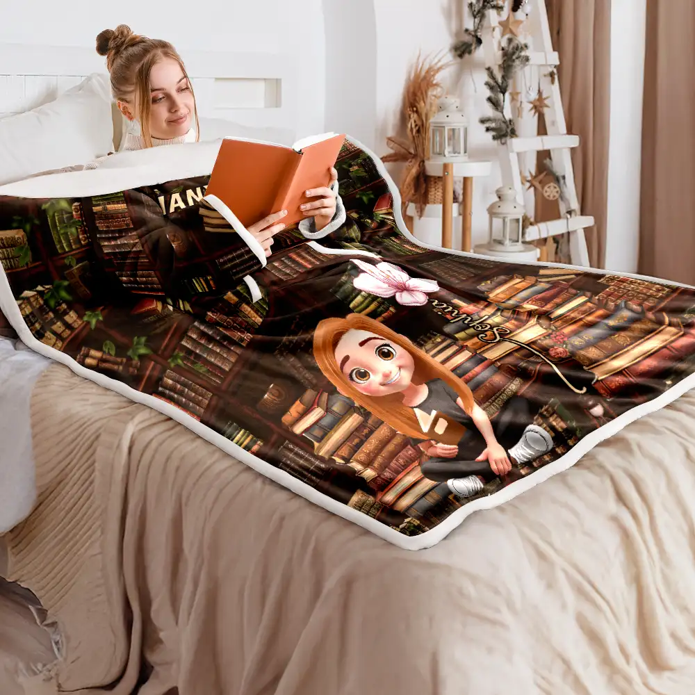 Shhh I'm Reading Bookish Girl With Birth Month Flower - Personalized Wearable Blanket With Sleeves - Image 2