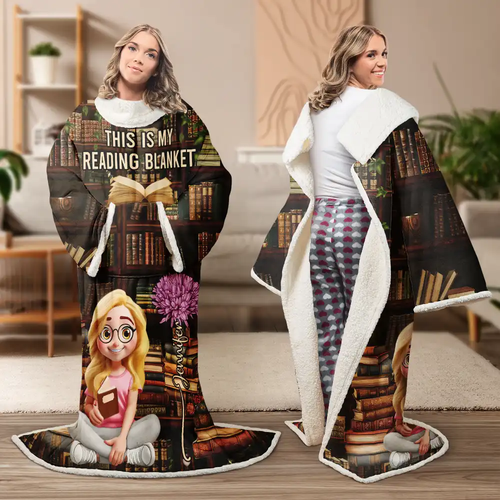 Shhh I'm Reading Bookish Girl With Birth Month Flower - Personalized Wearable Blanket With Sleeves - Image 5