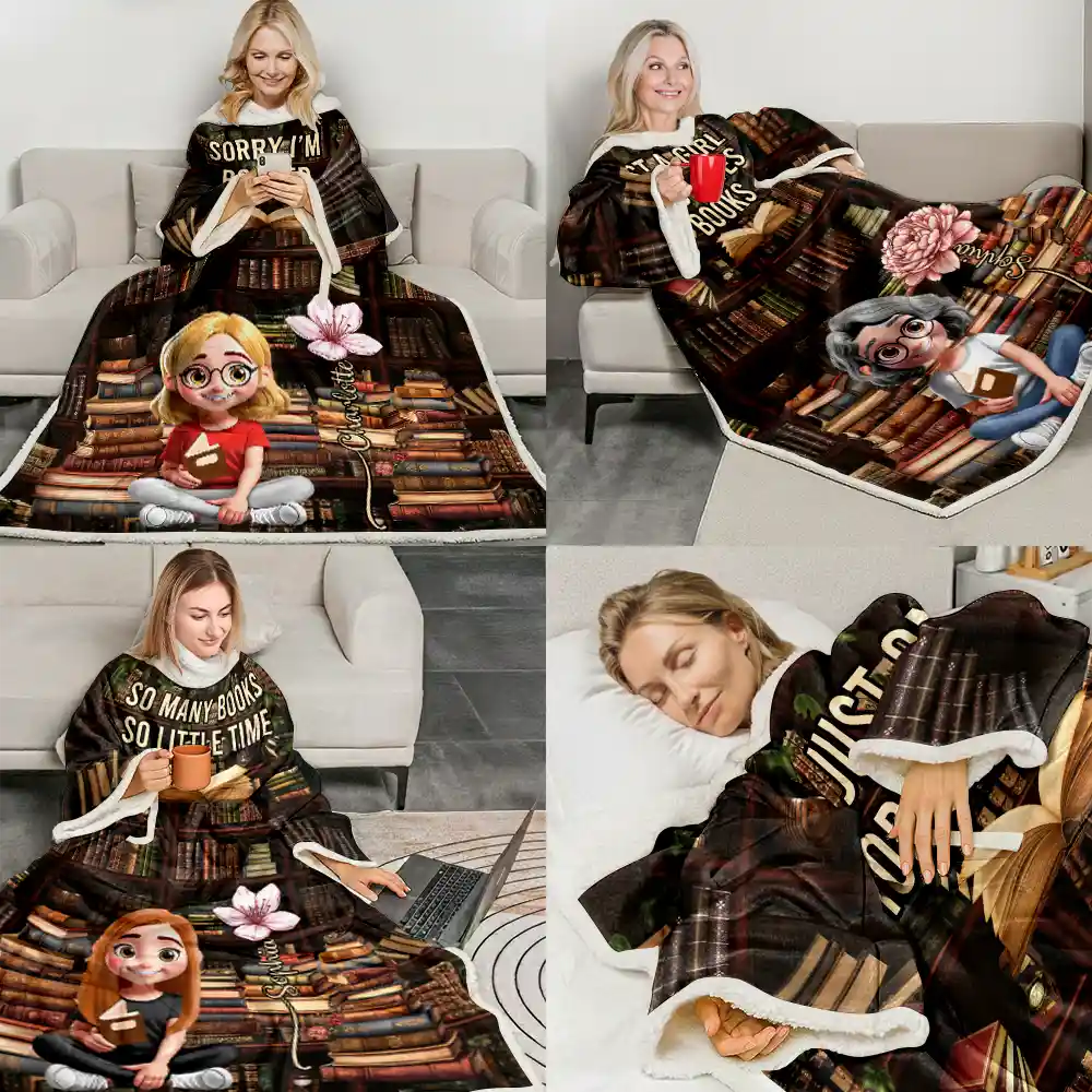 Shhh I'm Reading Bookish Girl With Birth Month Flower - Personalized Wearable Blanket With Sleeves - Image 6
