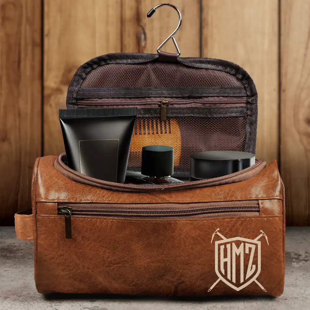Shield Monogram 2 And 3 Letters - Personalized Leather Toiletry Bag - Image 4