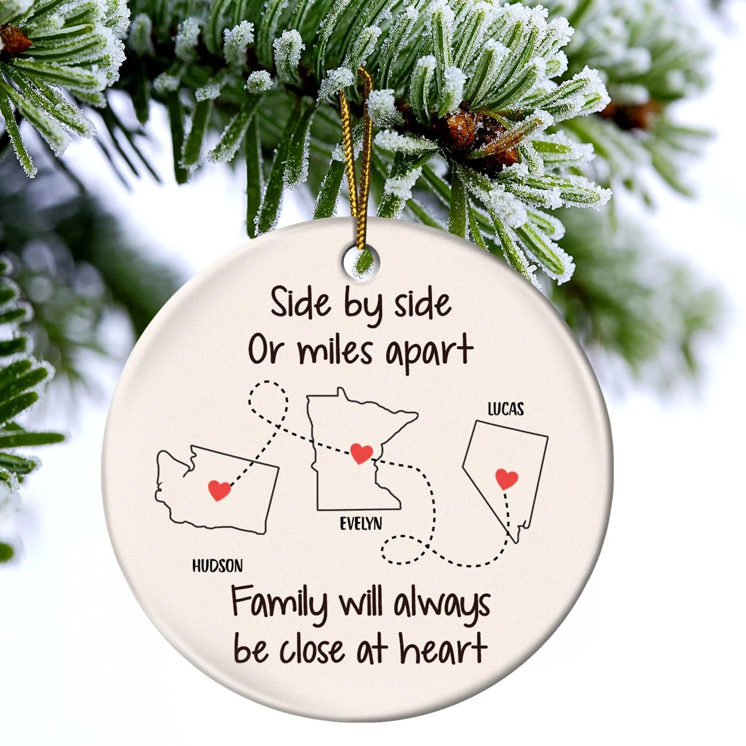 Side By Side Or Miles Apart - Christmas Gift For Family - Personalized Circle Ceramic Ornament - Image 4