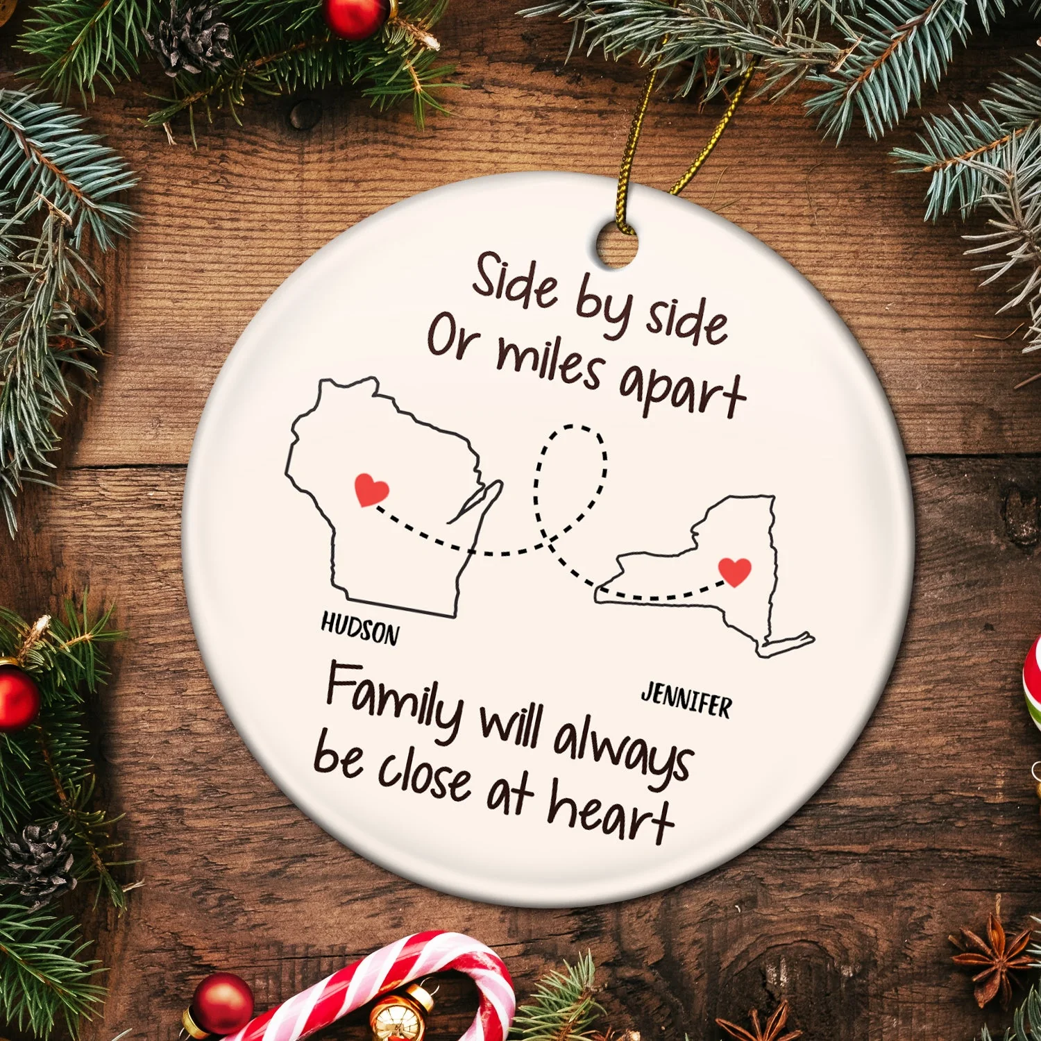 Side By Side Or Miles Apart - Christmas Gift For Family - Personalized Circle Ceramic Ornament - Image 5