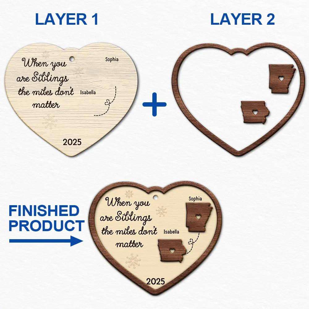 Side By Side Or Miles Apart Long Distance - Personalized 2-Layered Wooden Ornament - Image 6