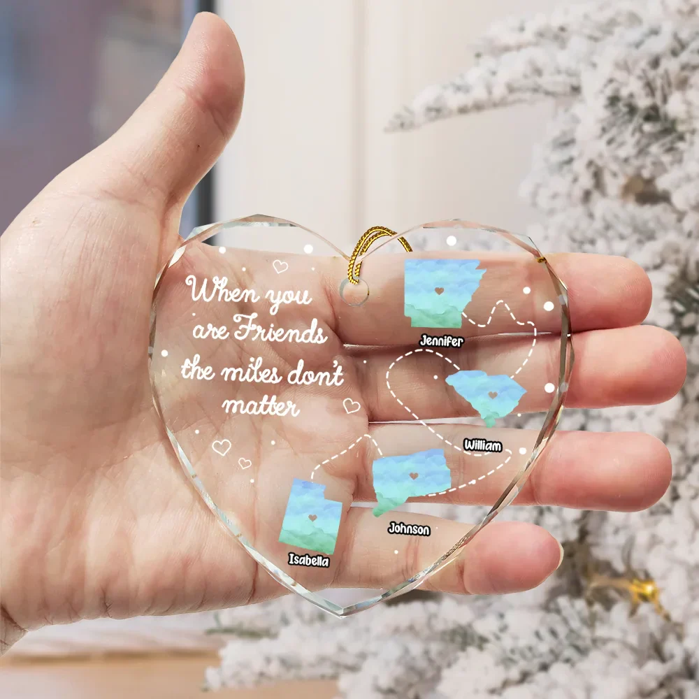 Side By Side Or Miles Apart Long Distance - Personalized Heart Shaped Glass Ornament - Image 3