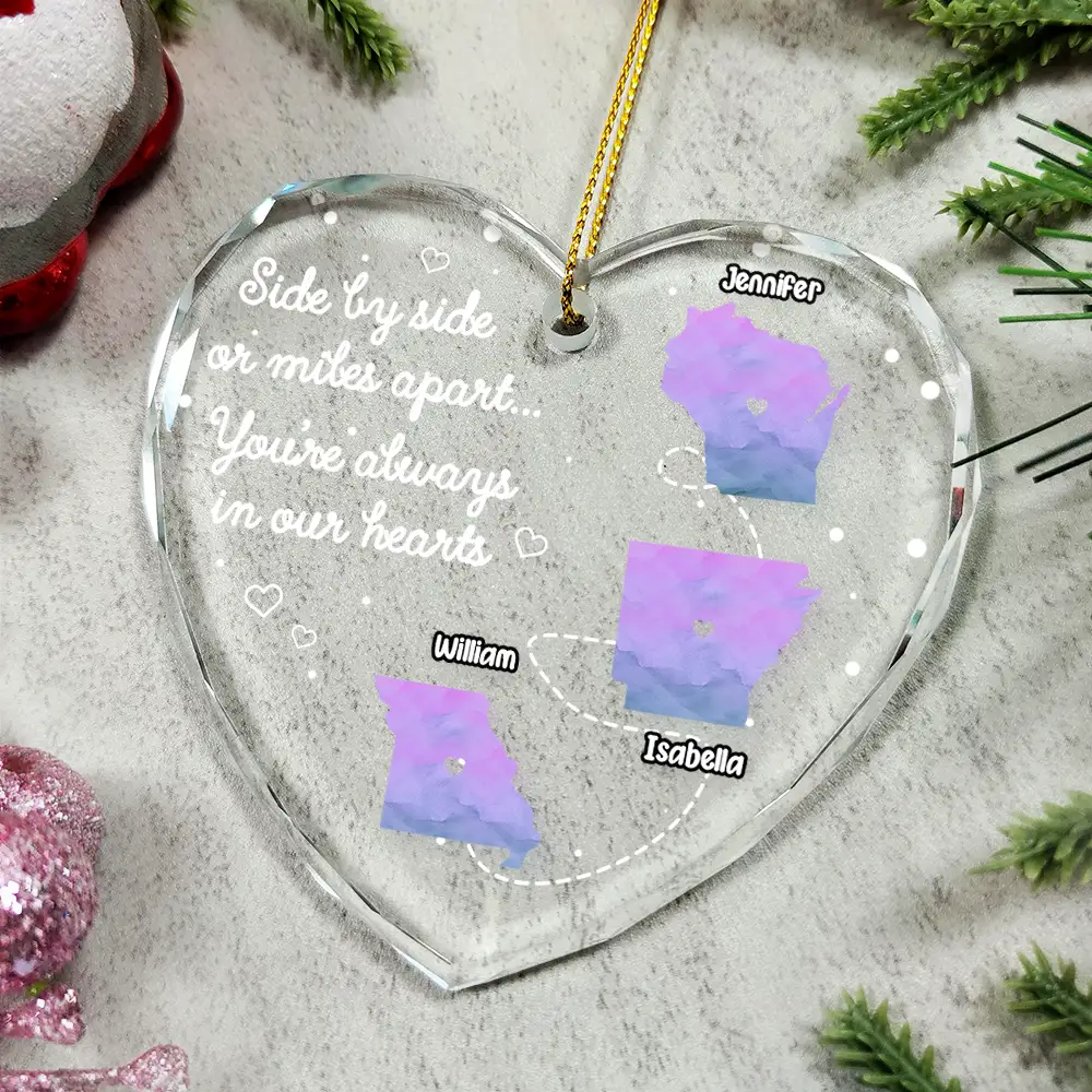 Side By Side Or Miles Apart Long Distance - Personalized Heart Shaped Glass Ornament - Image 4