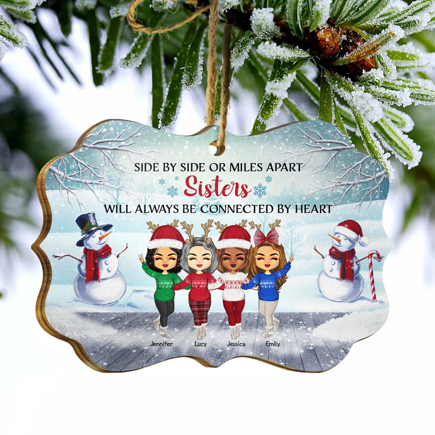 Side By Side Or Miles Apart Sisters And Brothers, Best Friends - Christmas Gift - Personalized Wooden Ornament - Image 3