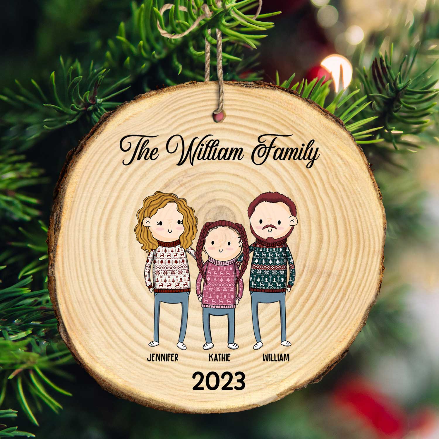 Simple Cartoon Whole Family Dad Mom Kid - Christmas Gift For Family - Personalized Wood Slice Ornament - Image 3