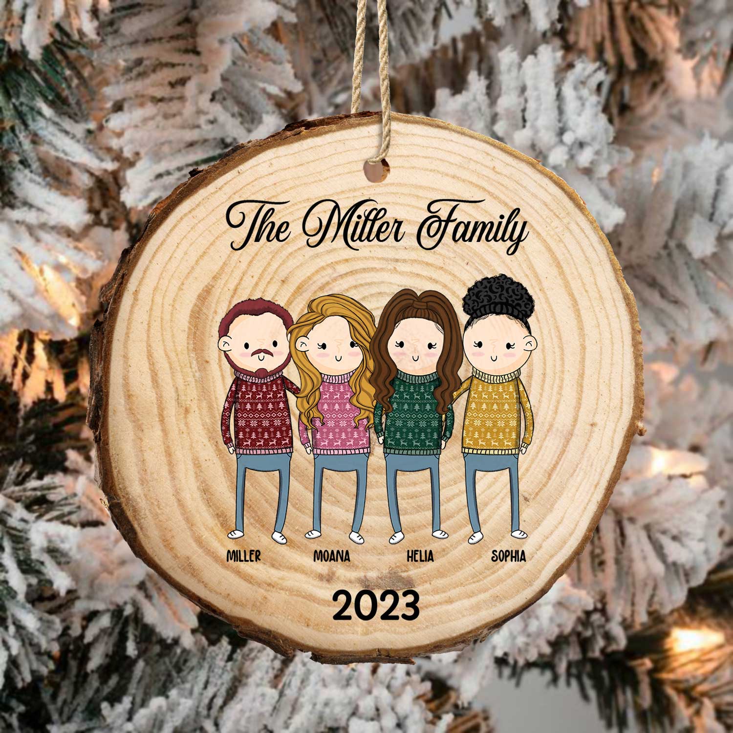 Simple Cartoon Whole Family Dad Mom Kid - Christmas Gift For Family - Personalized Wood Slice Ornament - Image 4