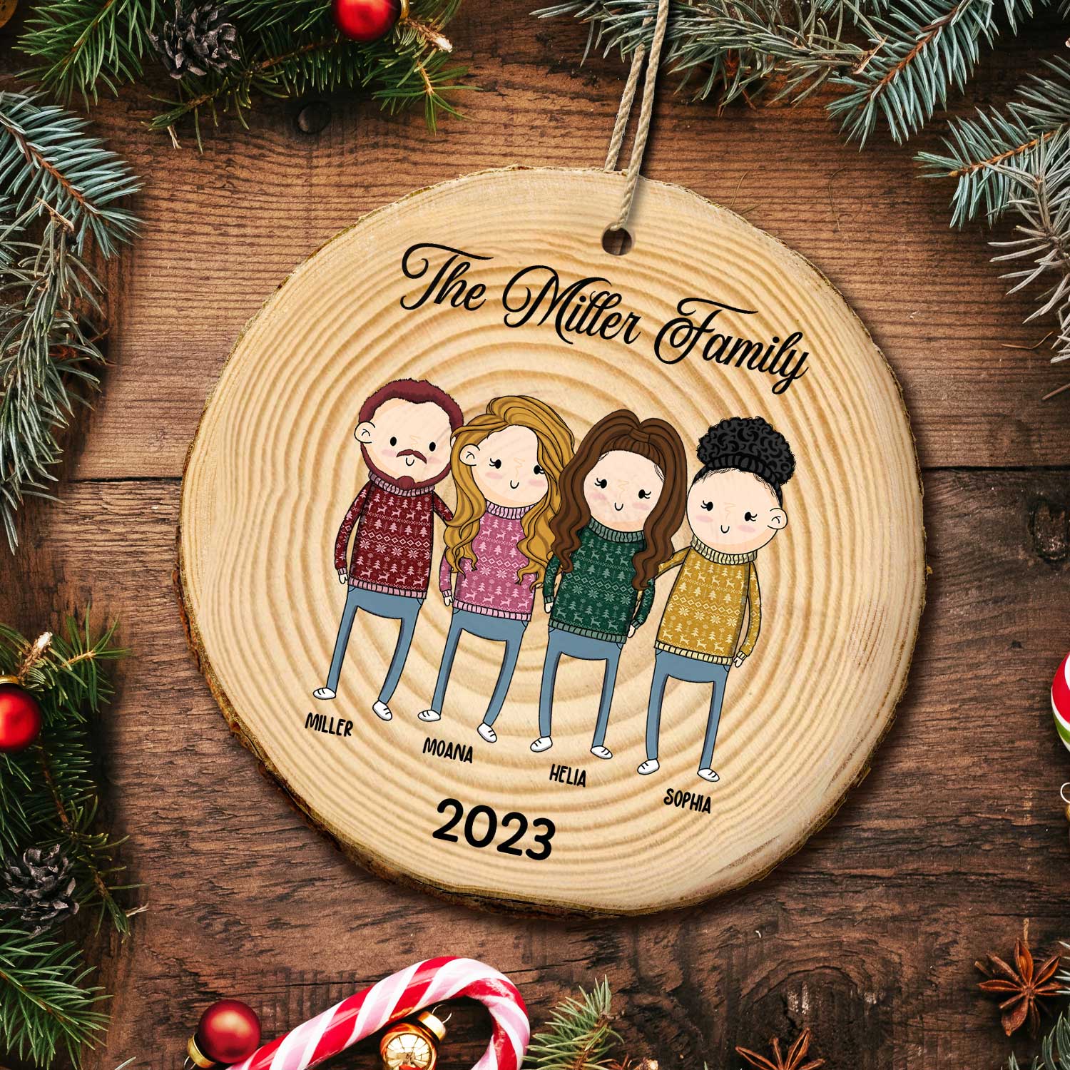 Simple Cartoon Whole Family Dad Mom Kid - Christmas Gift For Family - Personalized Wood Slice Ornament - Image 5