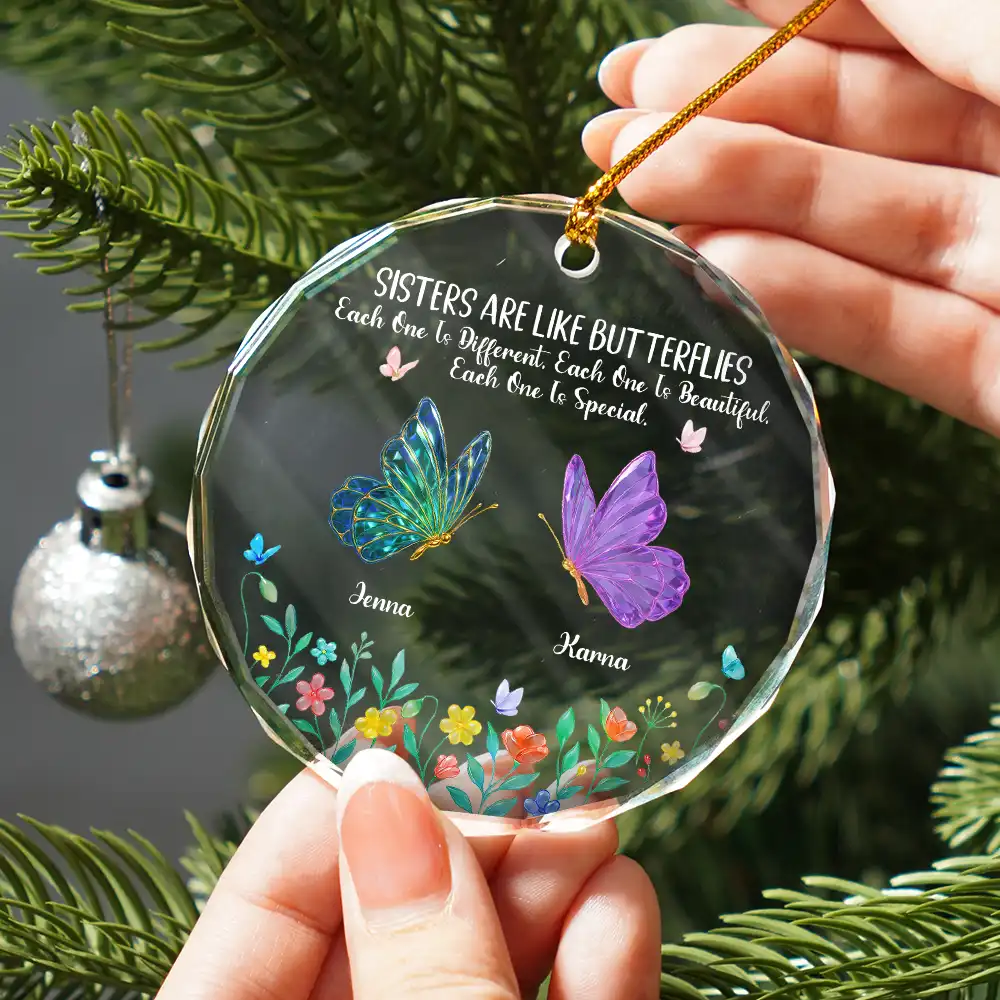 Sisters Are Like Butterflies 3D Effect - Personalized Circle Glass Ornament - Image 3