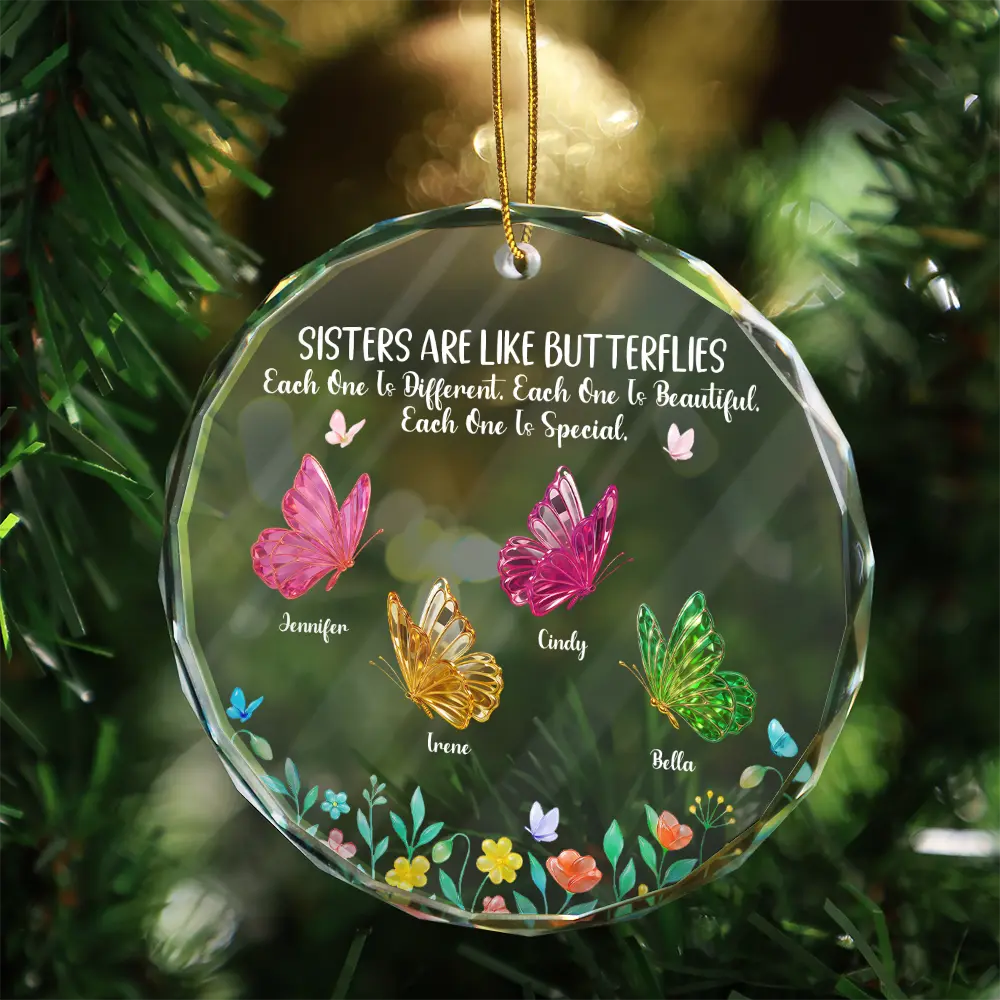 Sisters Are Like Butterflies 3D Effect - Personalized Circle Glass Ornament - Image 4