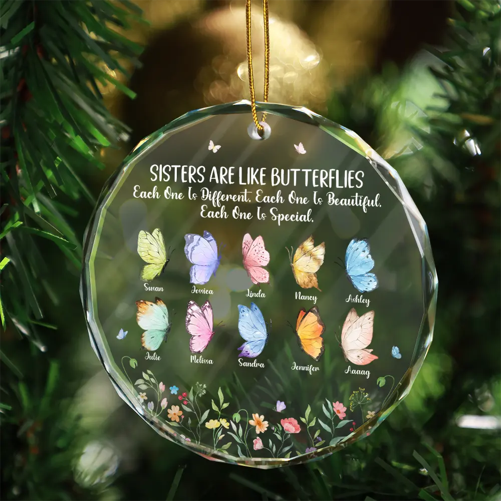 Sisters Are Like Butterflies - Personalized Circle Glass Ornament - Image 3