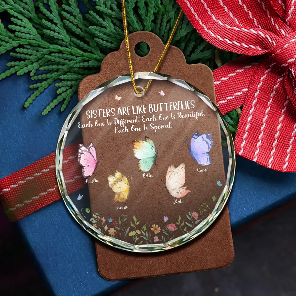 Sisters Are Like Butterflies - Personalized Circle Glass Ornament - Image 5
