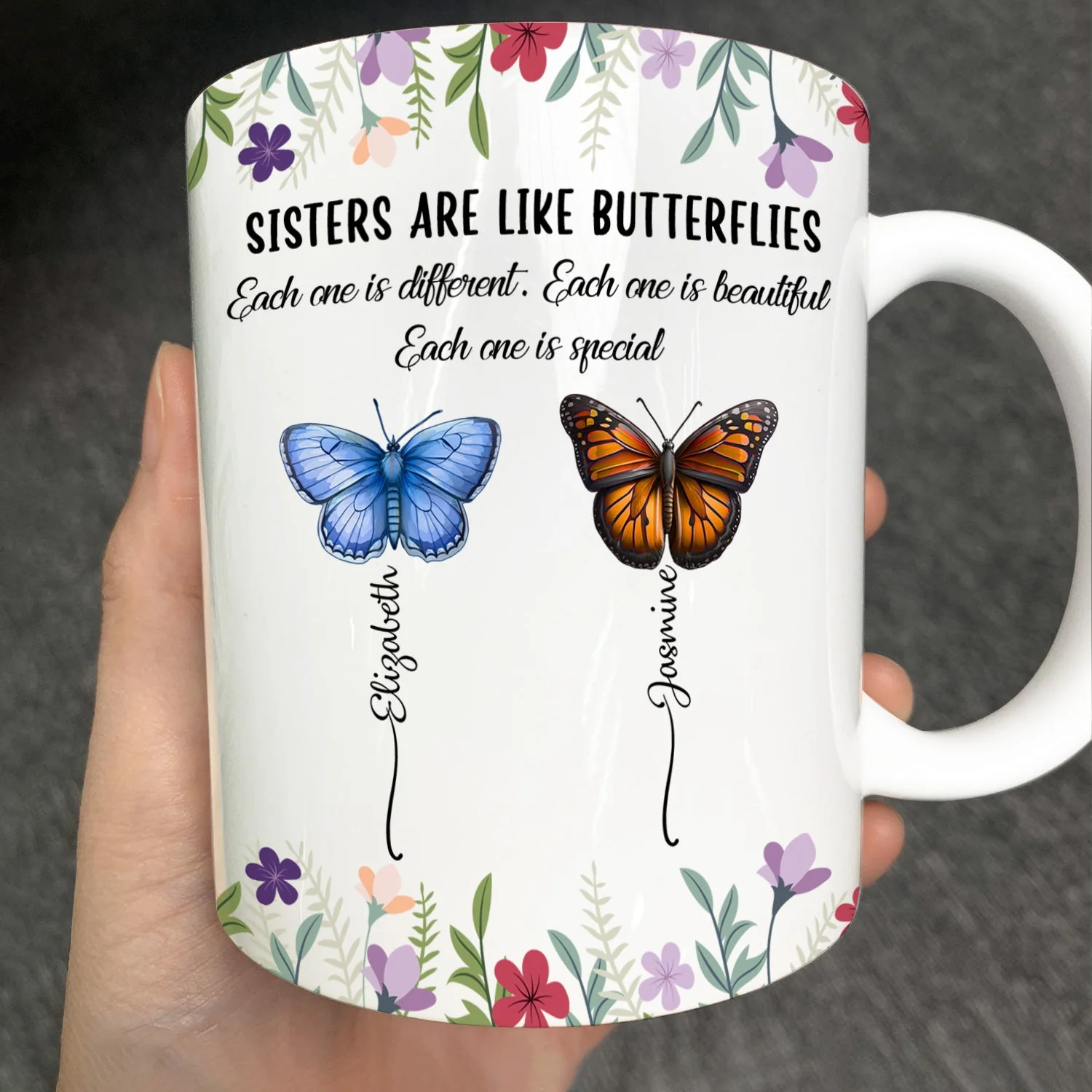 Sisters Are Like Butterflies - Personalized White Edge-to-Edge Mug