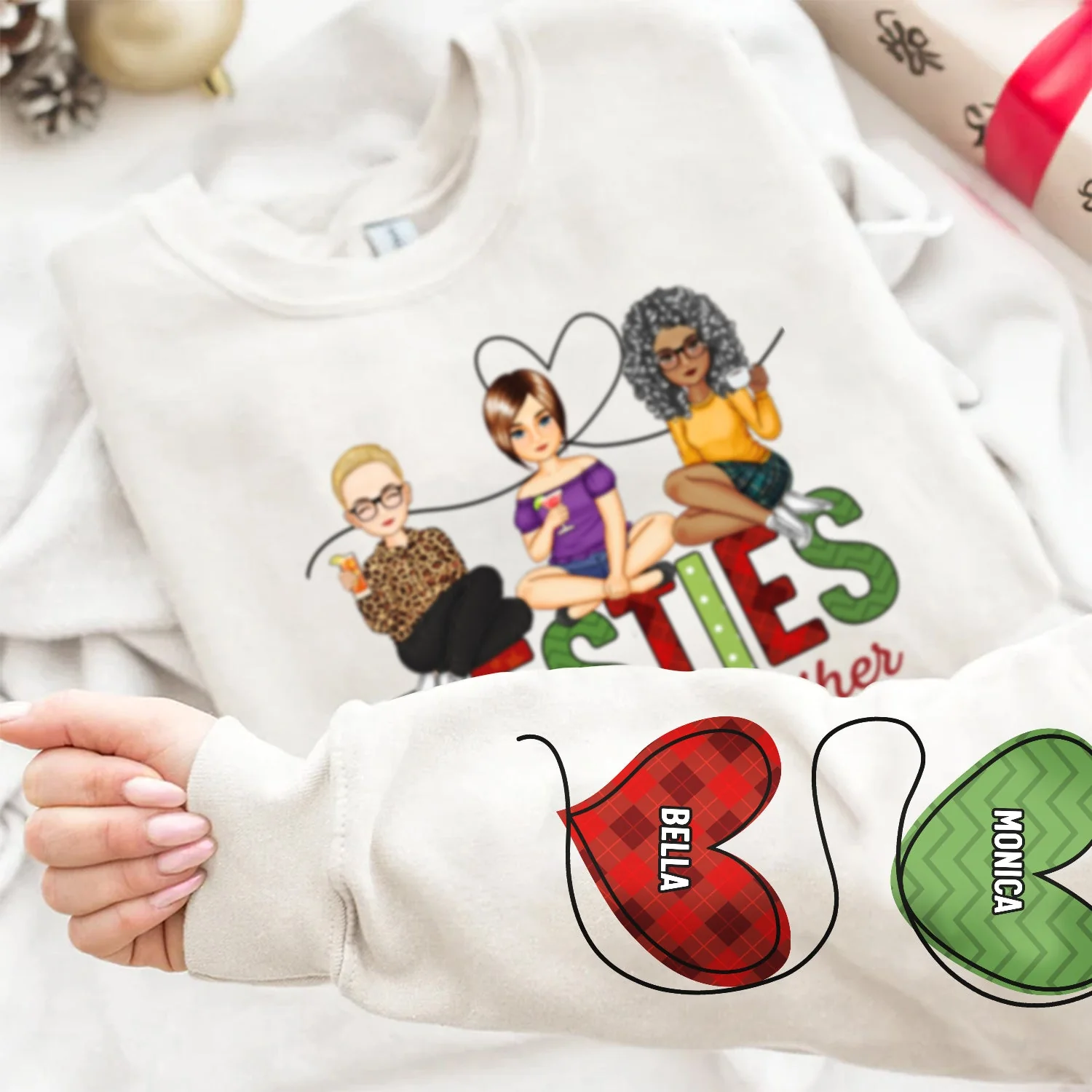 Sisters Are Tied Together With Heartstrings - Christmas Gift For Besties, Sisters - Personalized Sweatshirt With Sleeve Imprint - Image 4