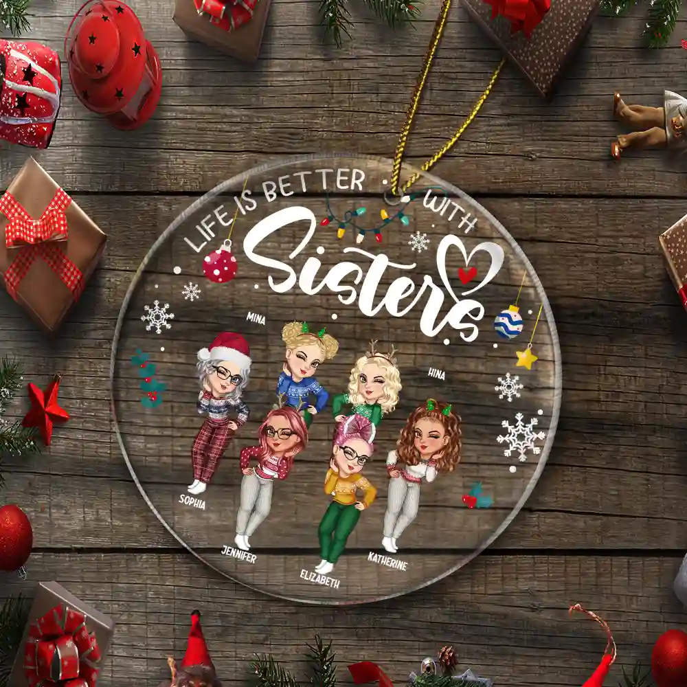 Sisters Besties Forever Christmas - Personalized Circle Acrylic Ornament - Image 5