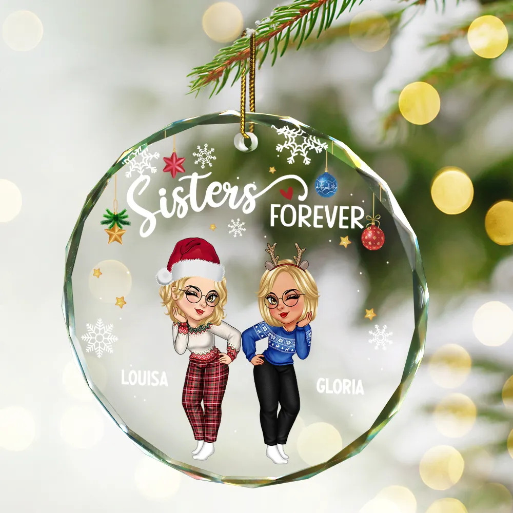 Sisters Besties Forever Christmas - Personalized Circle Glass Ornament - Image 2