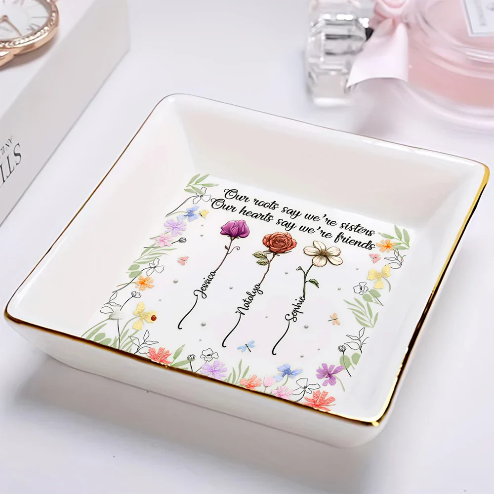 Sisters Birth Flower From The Same Garden - Personalized Ring Dish - Image 2