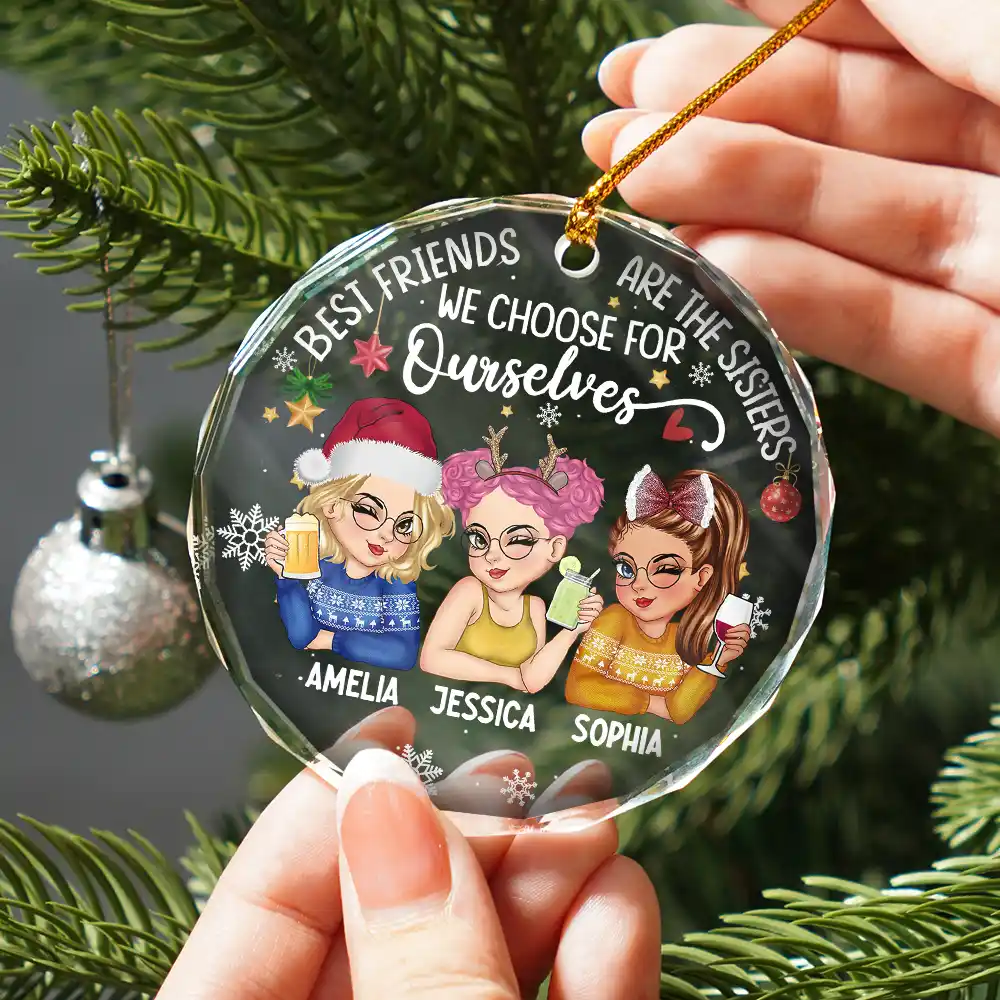 Sisters By Heart Christmas Besties - Personalized Circle Glass Ornament - Image 2