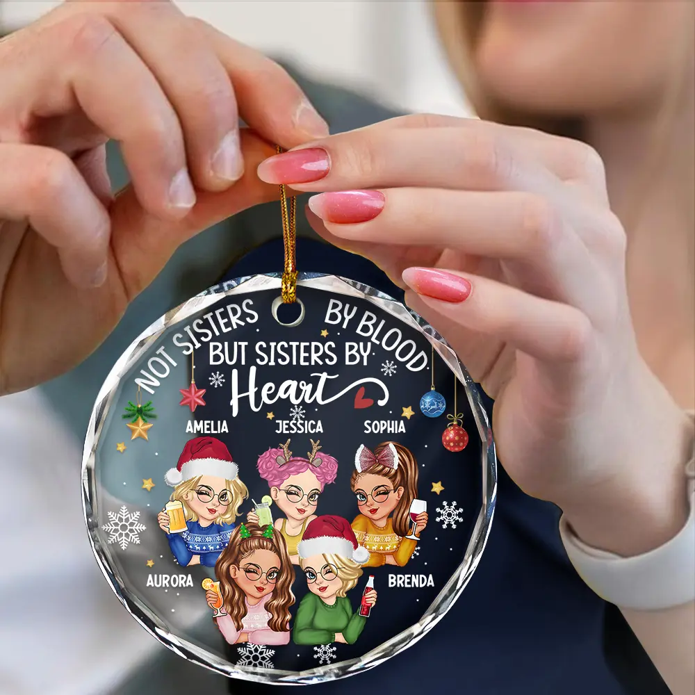 Sisters By Heart Christmas Besties - Personalized Circle Glass Ornament - Image 4